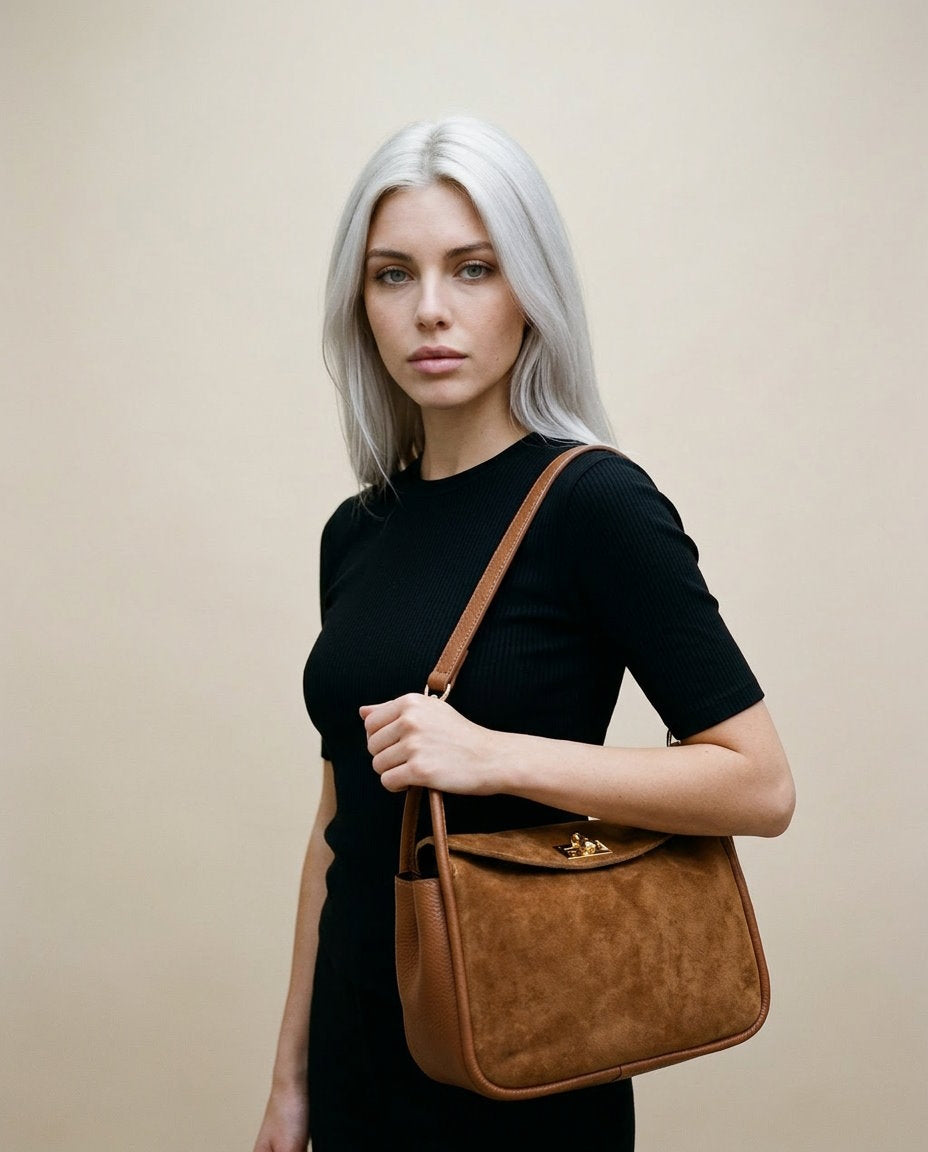 Soft Shoulder Bag in Genuine Suede and Dollaro Leather - Made in Italy - Art. 26118