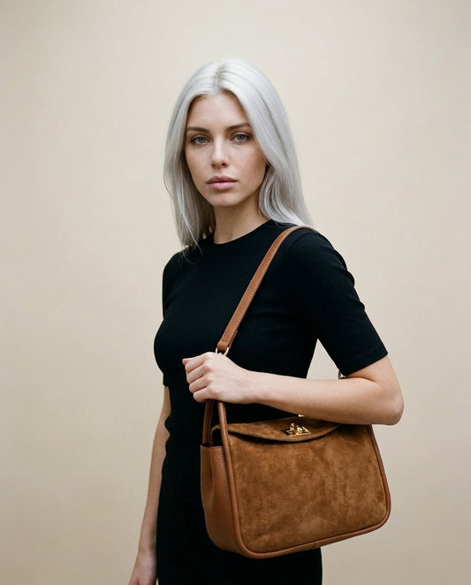 Soft Shoulder Bag in Genuine Suede and Dollaro Leather - Made in Italy - Art. 26118