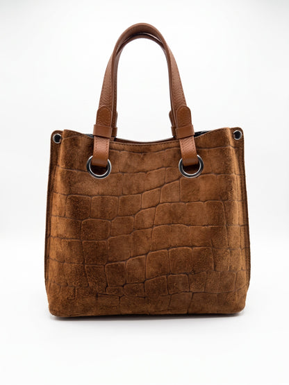 Structured Handbag in Genuine Printed Suede and Dollaro Leather - Made in Italy - Art. 26148