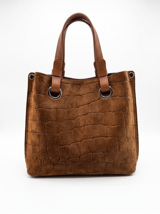 Structured Handbag in Genuine Printed Suede and Dollaro Leather - Made in Italy - Art. 26148