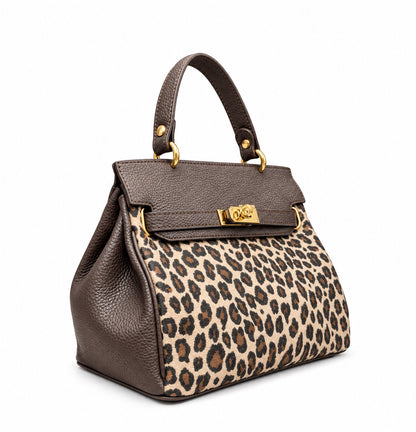 Structured Handbag in Genuine Dollaro and Printed Suede Leather - Made in Italy - Art. 26155