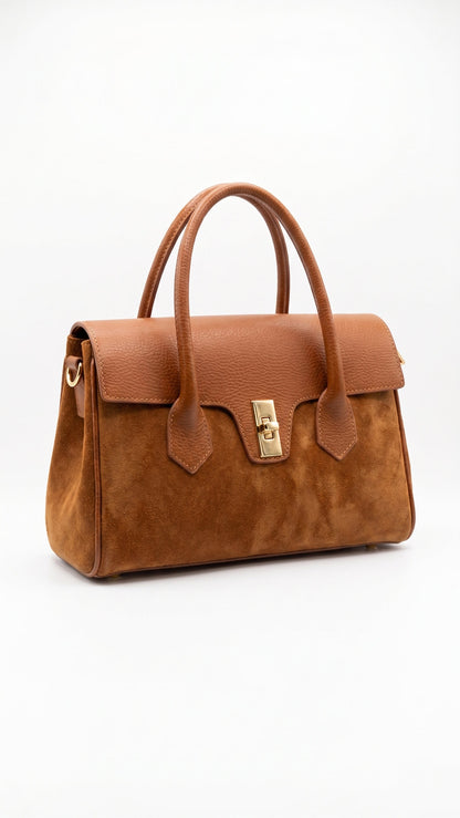 Structured Handbag in Genuine Dollaro and Suede Leather - Made in Italy - Art. 26098