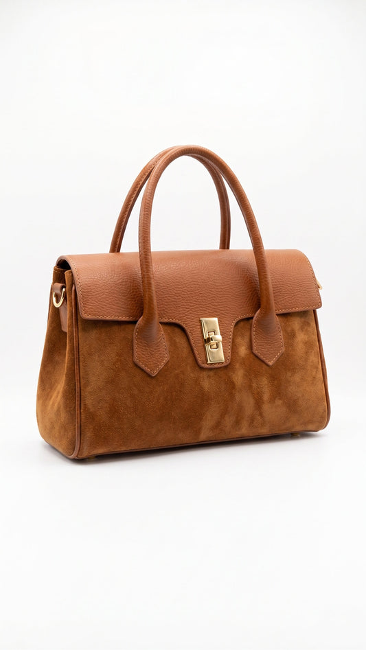 Structured Handbag in Genuine Dollaro and Suede Leather - Made in Italy - Art. 26098