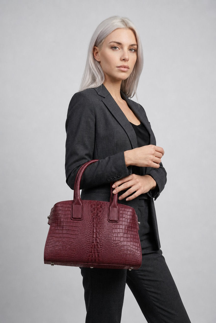 Structured Handbag in Genuine Croco and Dollaro Leather - Made in Italy - Art. 26068