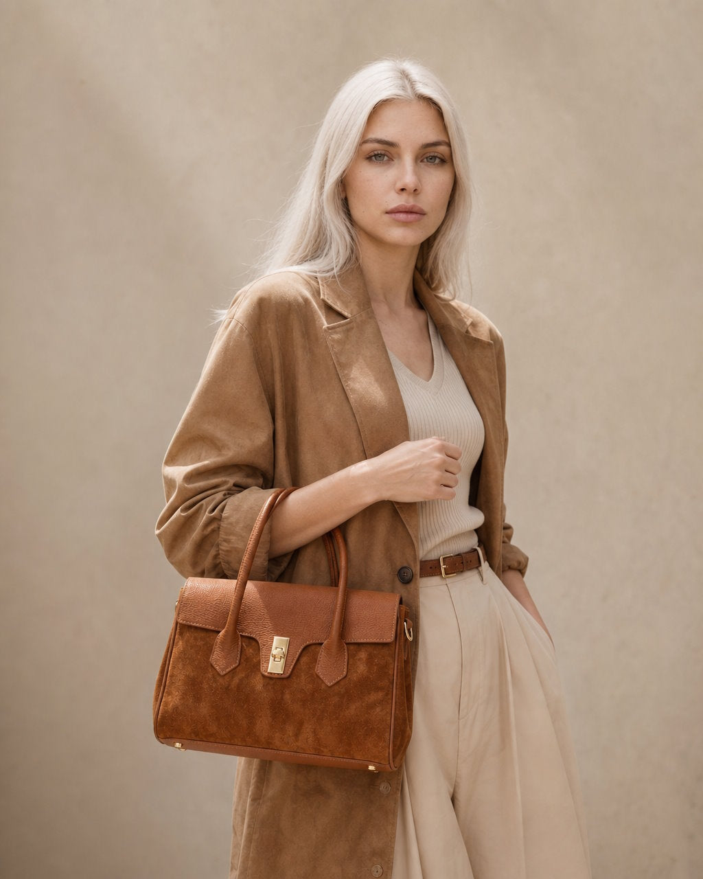 Structured Handbag in Genuine Dollaro and Suede Leather - Made in Italy - Art. 26098