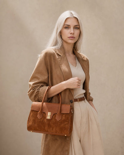 Structured Handbag in Genuine Dollaro and Suede Leather - Made in Italy - Art. 26098