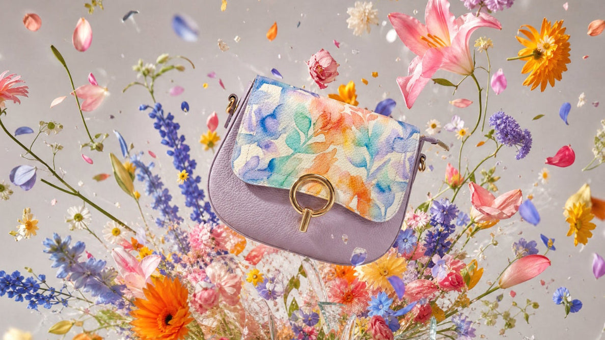 Pink handbag with floral design surrounded by colorful flowers on a gray background