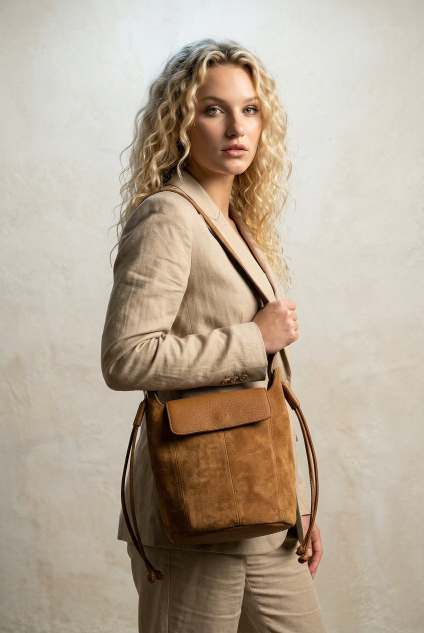 Soft Shoulder Bag in Genuine Suede and Dollaro Leather - Made in Italy - Art. 26074