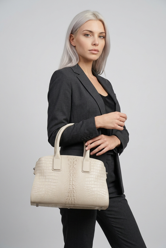 Structured Handbag in Genuine Croco and Dollaro Leather - Made in Italy - Art. 26068