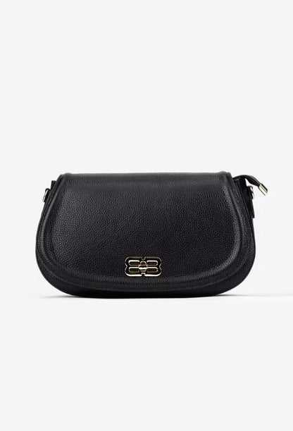 Black leather shoulder bag with a simple design and a silver handle, viewed from the front.